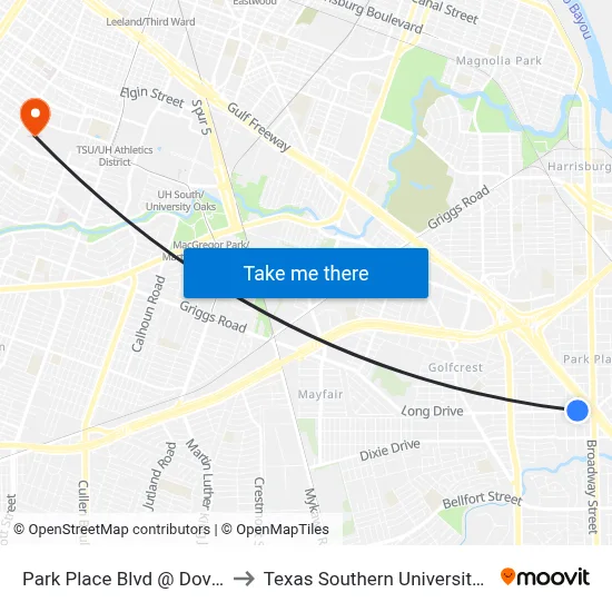Park Place Blvd @ Dover St to Texas Southern University REC map