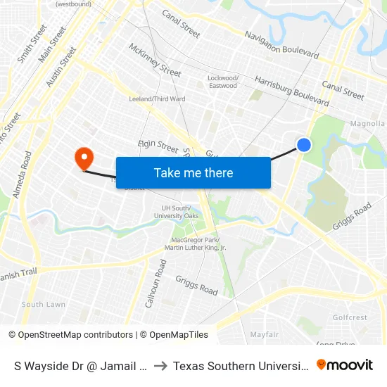 S Wayside Dr @ Jamail Dr MB to Texas Southern University REC map