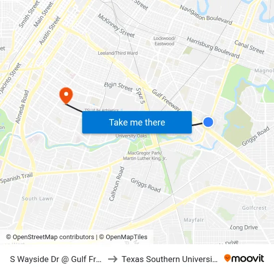 S Wayside Dr @ Gulf Freeway to Texas Southern University REC map