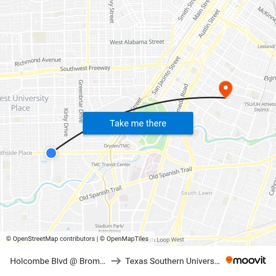 Holcombe Blvd @ Brompton St to Texas Southern University REC map