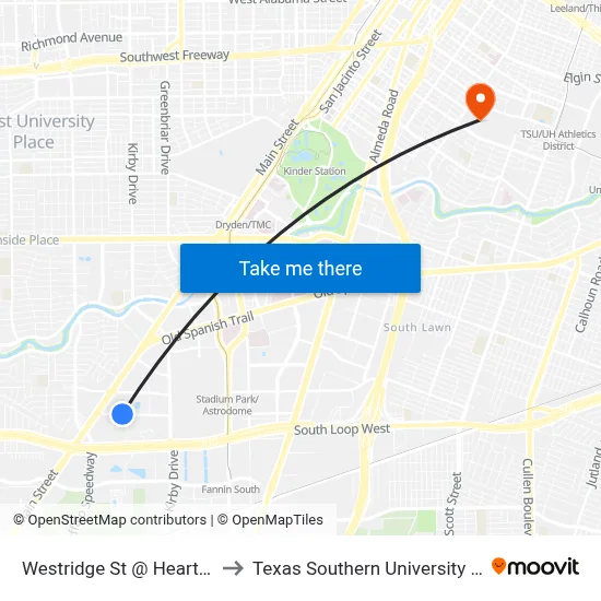 Westridge St @ Hearth Dr to Texas Southern University REC map