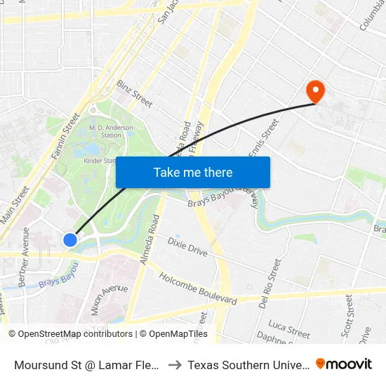 Moursund St @ Lamar Flemming Ave to Texas Southern University REC map