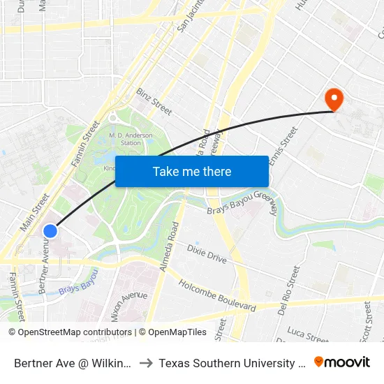 Bertner Ave @ Wilkins St to Texas Southern University REC map