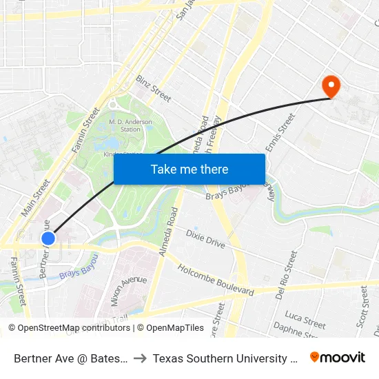 Bertner Ave @ Bates St to Texas Southern University REC map