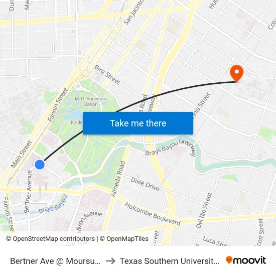 Bertner Ave @ Moursund St to Texas Southern University REC map