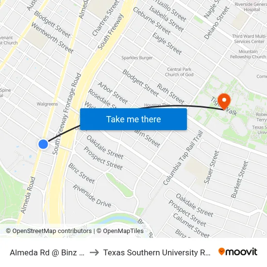 Almeda Rd @ Binz St to Texas Southern University REC map