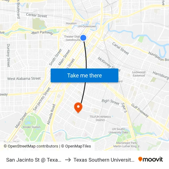 San Jacinto St @ Texas Ave to Texas Southern University REC map