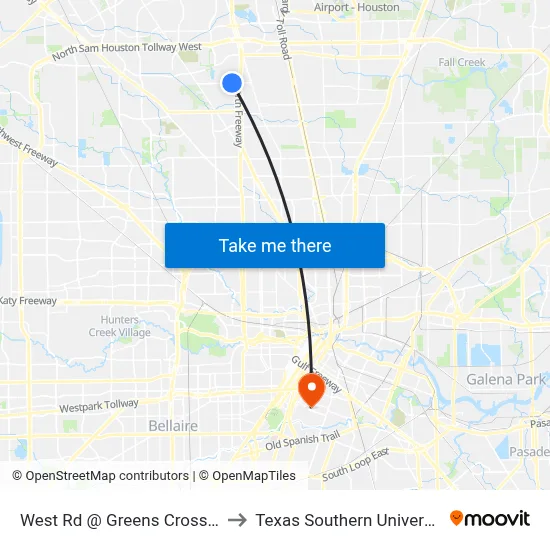 West Rd @ Greens Crossing Blvd to Texas Southern University REC map