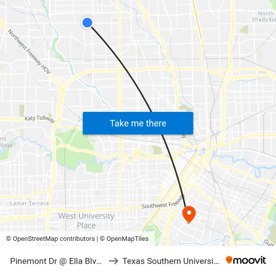 Pinemont Dr @ Ella Blvd Mb1 to Texas Southern University REC map