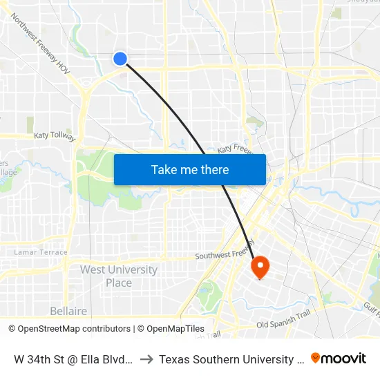 W 34th St @ Ella Blvd MB to Texas Southern University REC map