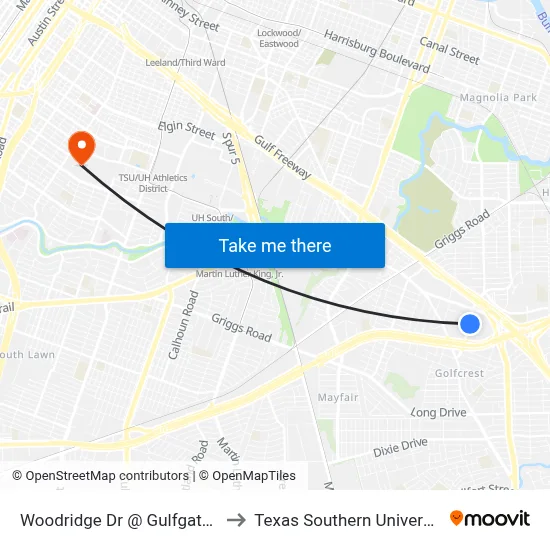 Woodridge Dr @ Gulfgate Center to Texas Southern University REC map