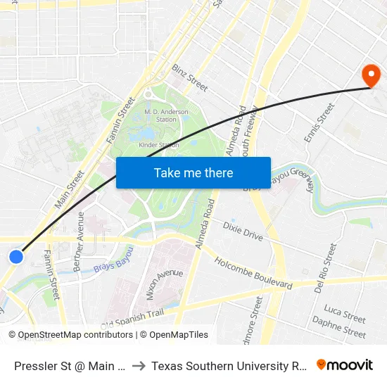 Pressler St @ Main St to Texas Southern University REC map
