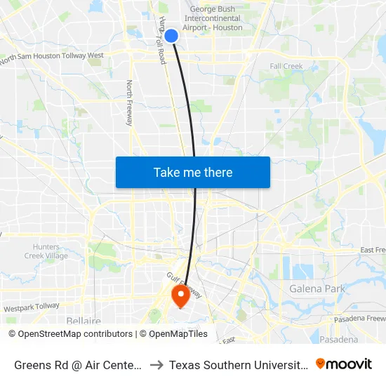 Greens Rd @ Air Center Blvd to Texas Southern University REC map
