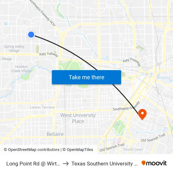 Long Point Rd @ Wirt Rd to Texas Southern University REC map