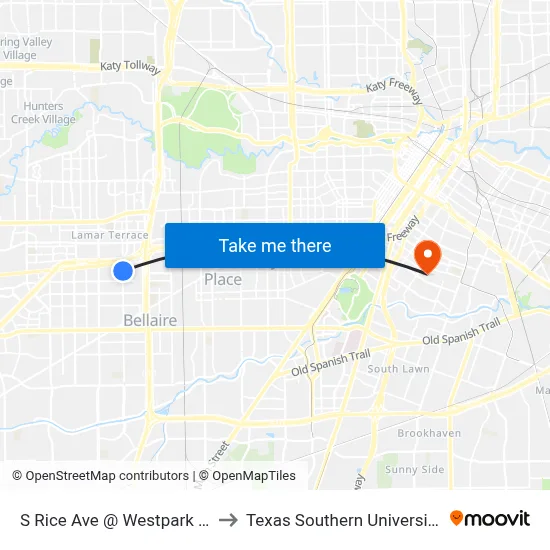 S Rice Ave @ Westpark Dr MB to Texas Southern University REC map