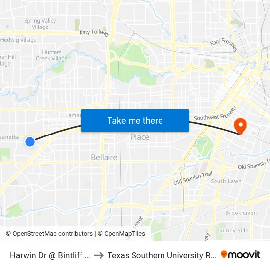 Harwin Dr @ Bintliff Dr to Texas Southern University REC map