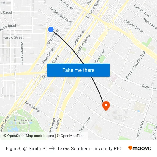 Elgin St @ Smith St to Texas Southern University REC map