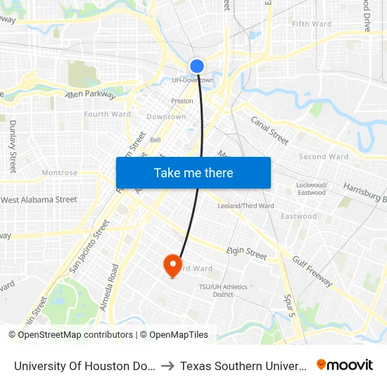 University Of Houston Downtown to Texas Southern University REC map