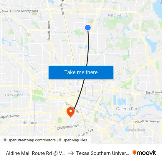 Aldine Mail Route Rd @ Vickery Dr to Texas Southern University REC map