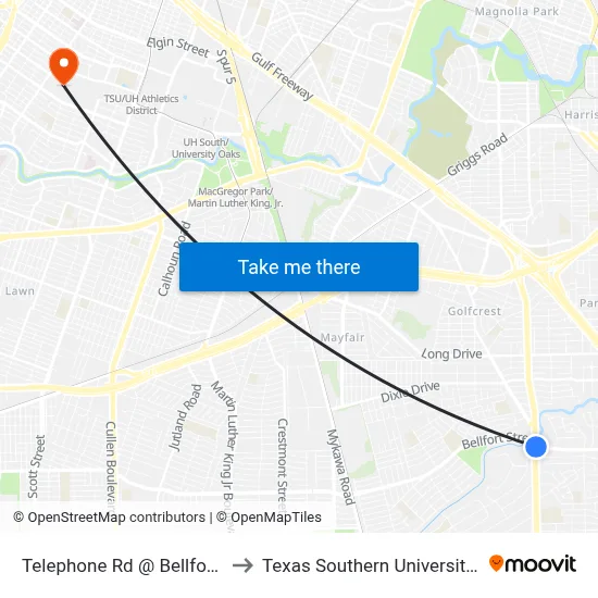 Telephone Rd @ Bellfort Ave to Texas Southern University REC map