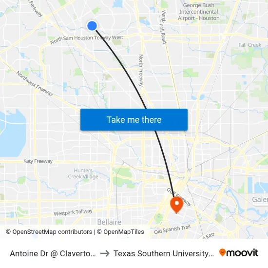 Antoine Dr @ Claverton Dr to Texas Southern University REC map