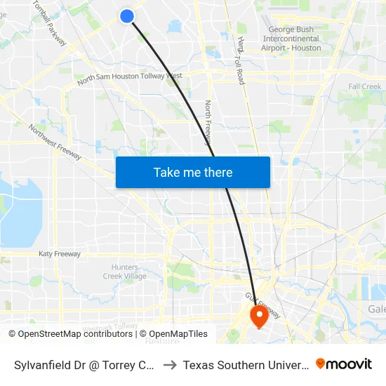 Sylvanfield Dr @ Torrey Chase Blvd to Texas Southern University REC map