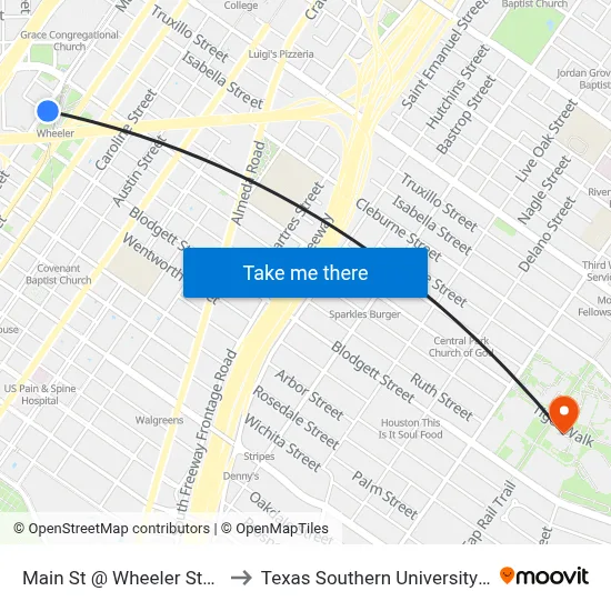 Main St @ Wheeler Station to Texas Southern University REC map