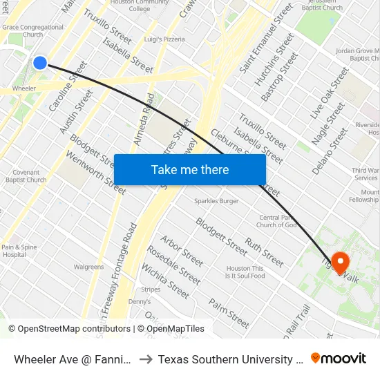 Wheeler Ave @ Fannin St to Texas Southern University REC map