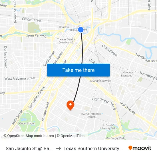 San Jacinto St @ Baker to Texas Southern University REC map