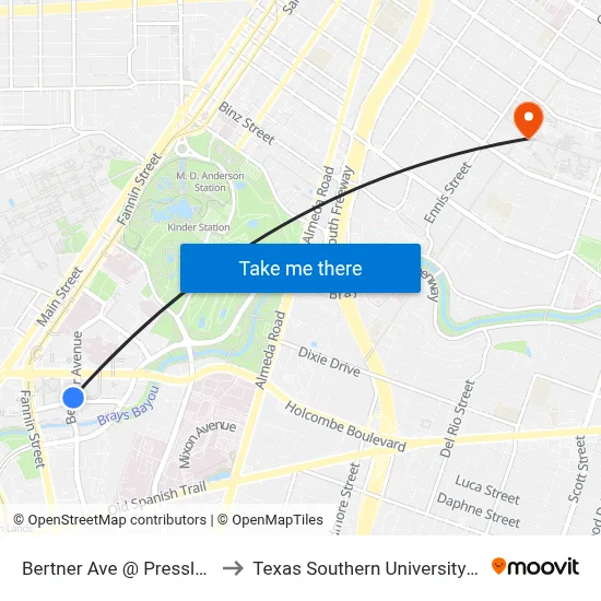 Bertner Ave @ Pressler St to Texas Southern University REC map