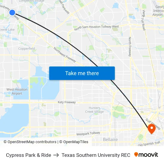 Cypress Park & Ride to Texas Southern University REC map