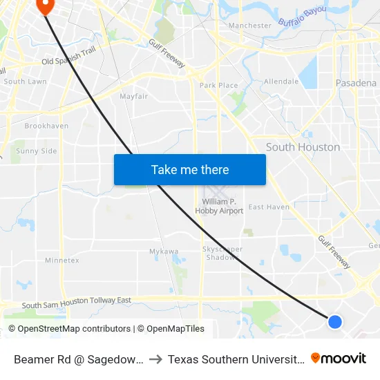 Beamer Rd @ Sagedowne Ln to Texas Southern University REC map