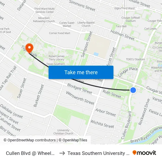 Cullen Blvd @ Wheeler St to Texas Southern University REC map