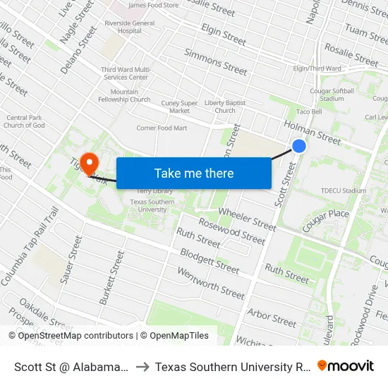 Scott St @ Alabama St to Texas Southern University REC map