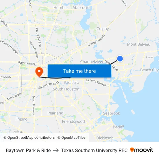 Baytown Park & Ride to Texas Southern University REC map
