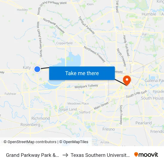 Grand Parkway Park & Ride to Texas Southern University REC map