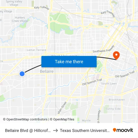 Bellaire Blvd @ Hillcroft Ave to Texas Southern University REC map