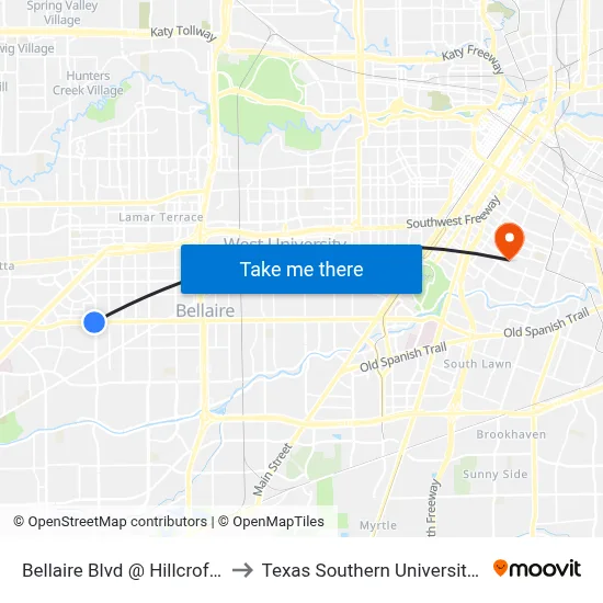 Bellaire Blvd @ Hillcroft Ave to Texas Southern University REC map