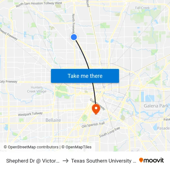 Shepherd Dr @ Victory Dr to Texas Southern University REC map