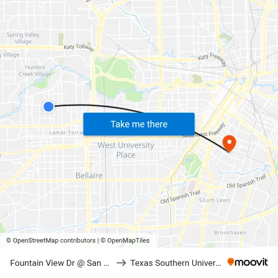 Fountain View Dr @ San Felipe Rd to Texas Southern University REC map