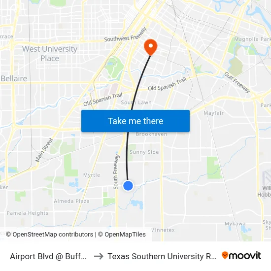 Airport Blvd @ Buffum to Texas Southern University REC map