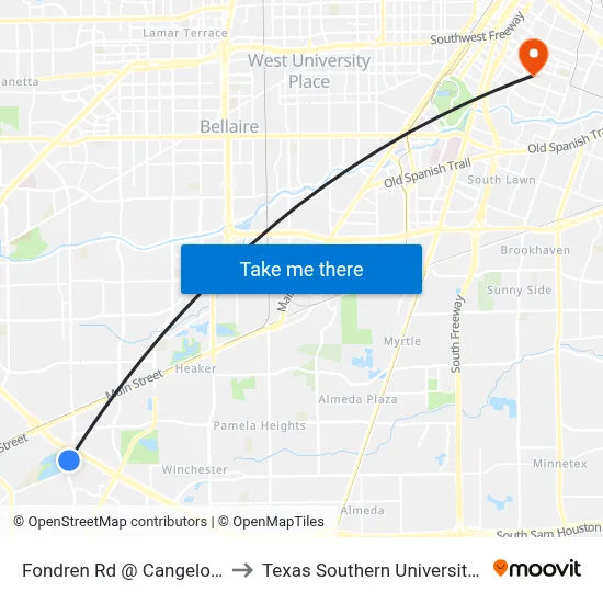 Fondren Rd @ Cangelosi Rd to Texas Southern University REC map