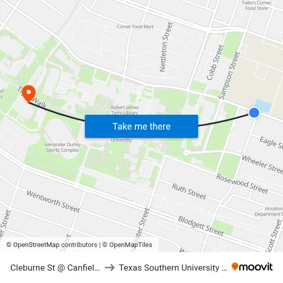 Cleburne St @ Canfield St to Texas Southern University REC map