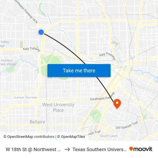 W 18th St @ Northwest Fwy MB to Texas Southern University REC map