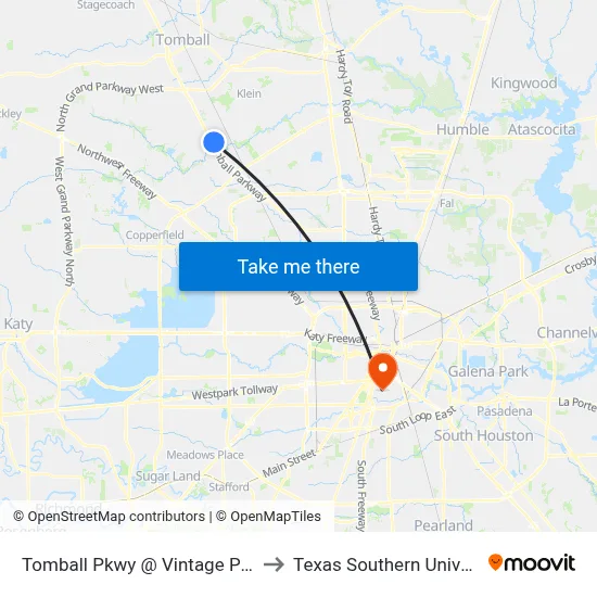 Tomball Pkwy @ Vintage Preserve Pky to Texas Southern University REC map