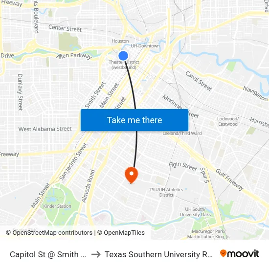 Capitol St @ Smith St to Texas Southern University REC map