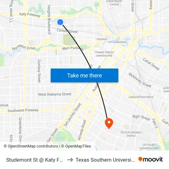 Studemont St @ Katy Fwy MB to Texas Southern University REC map