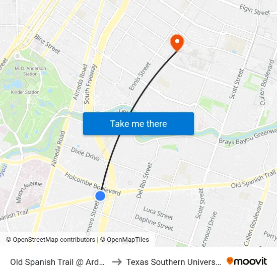 Old Spanish Trail @ Ardmore St to Texas Southern University REC map