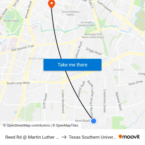 Reed Rd @ Martin Luther King Blvd to Texas Southern University REC map