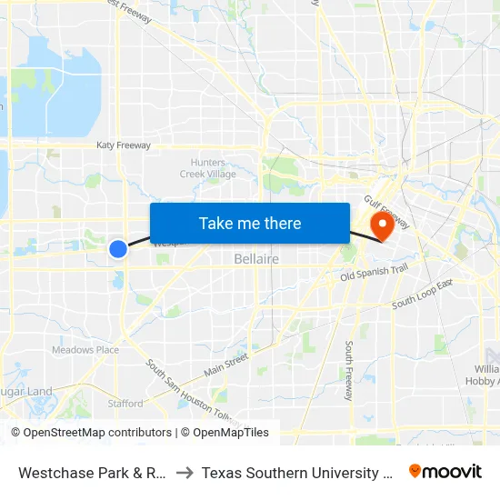 Westchase Park & Ride to Texas Southern University REC map
